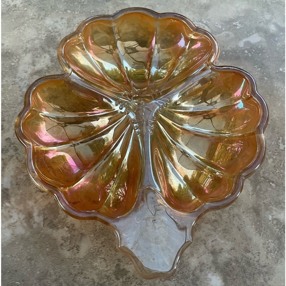 Vintage Marigold Iridescent Carnival Glass 3-section clover-leaf Trinket Dish